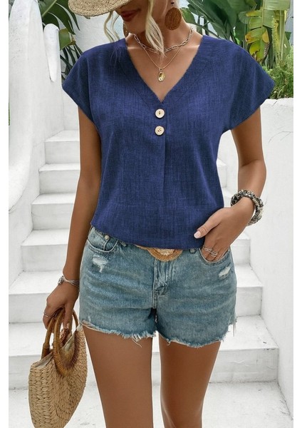 Kadın Kısa Kollu V Yakalı Düğmeli Keten Bluz indirimleri