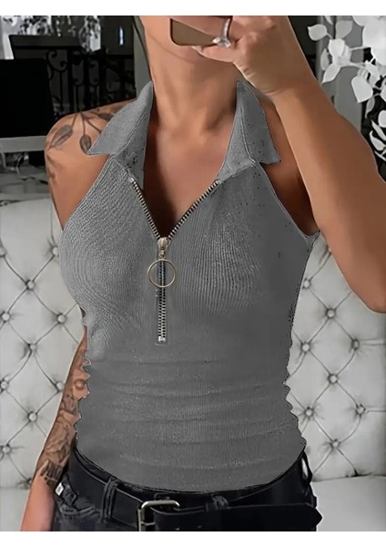 Kadın Kolsuz Polo Yaka önü Fermuarlı Kaşkorse Bluz