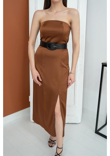 Kahverengi Straplez Saten Elbise fiyatları