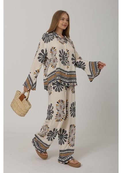 Desenli Kolları Volanlı Pantolon Takım - Antrasit fırsatları