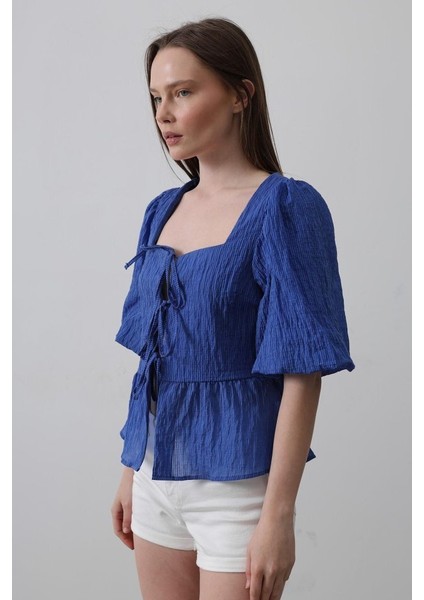Kare Yaka Balon Kol Bluz - Mavi fiyatları