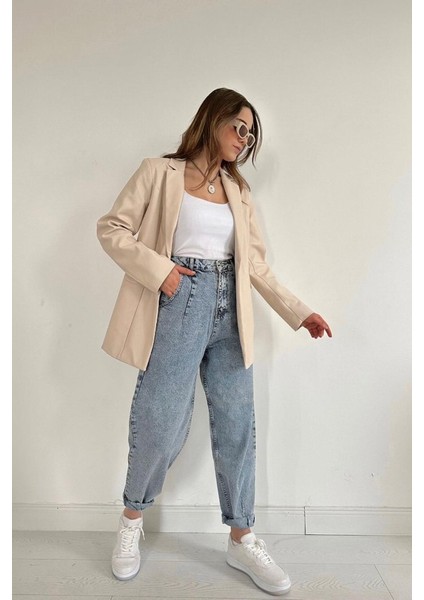 Bej Düğmeli Deri Ceket