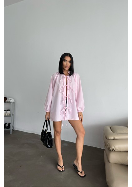 GÖMLEK POPLİN HAKİM YAKA ÖNDEN BAĞLAMA İP DETAYLI - Pembe