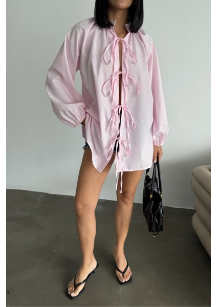 GÖMLEK POPLİN HAKİM YAKA ÖNDEN BAĞLAMA İP DETAYLI - Pembe modelleri