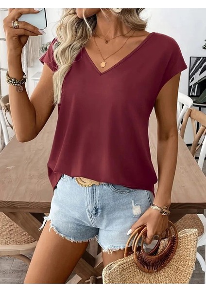 Kadın Kısa Kollu V Yakalı Arkadan Kurdele Detaylı Viskon Bluz fiyatları