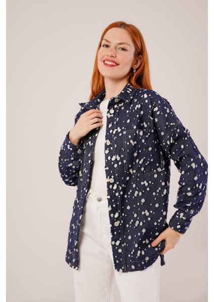 Eskitme Görünümlü Denim Mavi Gömlek