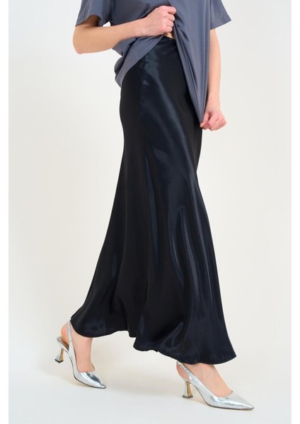 Düz Uzun Saten Etek - Siyah