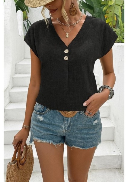 Kadın Kısa Kollu V Yakalı Düğmeli Keten Bluz fiyatları