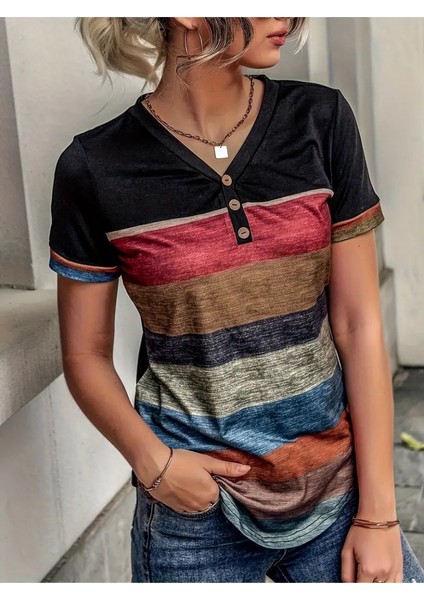 Kadın Kısa Kollu V Yakalı Düğmeli çok Renkli Süprem Bluz fırsatları