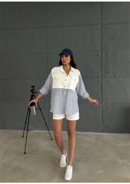 Gabardin Şort - Gabardin - Çizgili Keten Garnili Ceket Takım - Lacivert