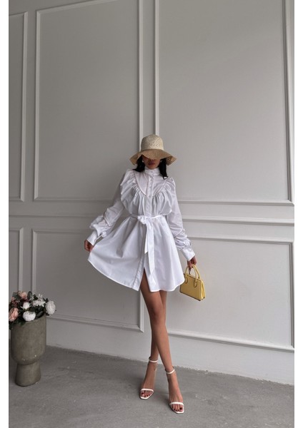 ÖNDEN DÜĞMELİ POPLİN KLOŞ ELBİSE BAĞLAMA KEMER DETAYLI - Beyaz