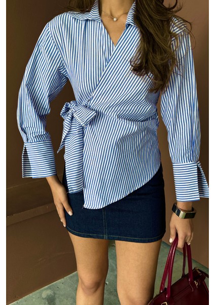 Çizgili Poplin Kruvaze Bağlamalı Gömlek - Mavi fiyatları