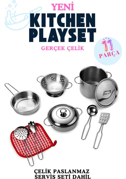 Kız Çocuk Oyuncak Mutfak Seti 11 Parça Gerçek Çelik Paslanmaz Tencere Tava Seti