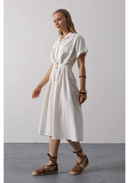 Kuşaklı Cep Detaylı Yarım Kol Elbise - Beyaz