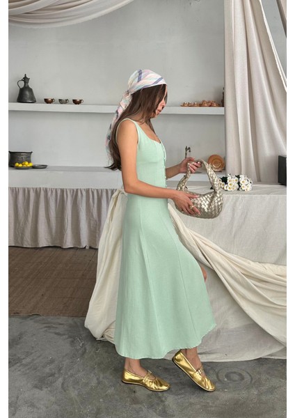 Keten Kolsuz Kare Yaka Düğme Detaylı Elbise - Mint modelleri