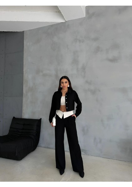 KETEN GÖMLEK-CROP-SALAŞ PANTOLON TAKIM - Siyah modelleri