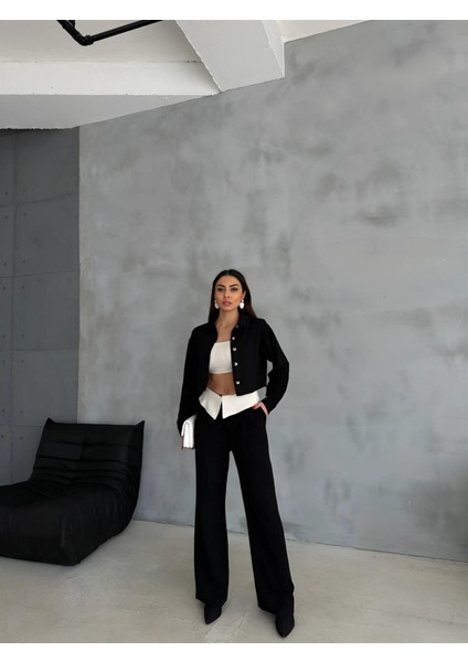 KETEN GÖMLEK-CROP-SALAŞ PANTOLON TAKIM - Siyah fırsatları