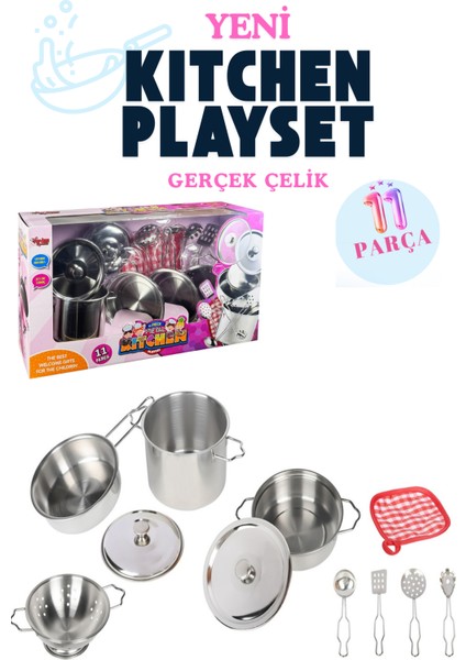 Kız Çocuk Oyuncak Mutfak Seti 11 Parça Gerçek Çelik Paslanmaz Tencere Tava Seti fiyatları