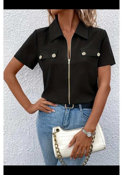 Kadın Kısa Kollu Ceket Yaka önü Fermuarlı Cep Detay Kısa Kol Ithal Krep Bluz fiyatları