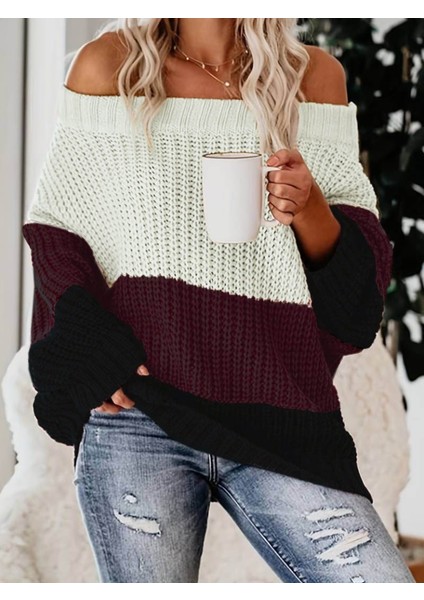 Kadın Uzun Kollu Madonna Yaka Çizgi Desenli Salaş Triko