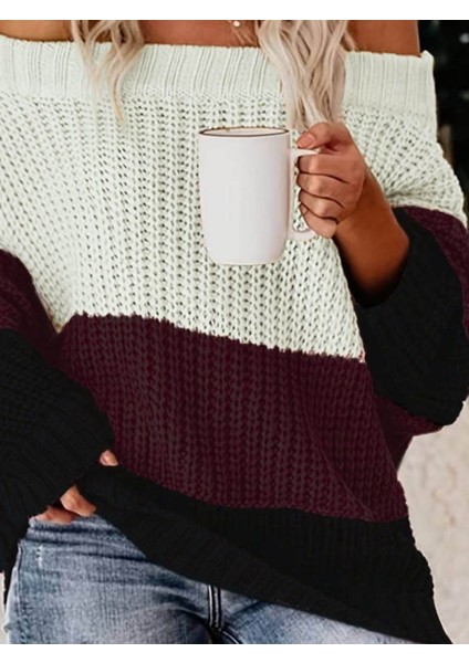 Kadın Uzun Kollu Madonna Yaka Çizgi Desenli Salaş Triko fiyatları