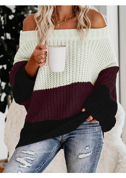 Kadın Uzun Kollu Madonna Yaka Çizgi Desenli Salaş Triko modelleri