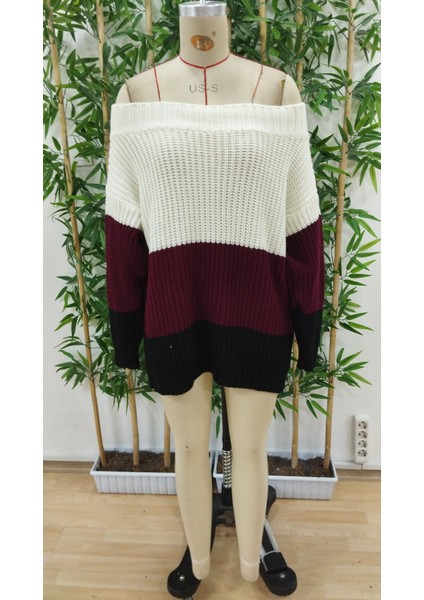 Kadın Uzun Kollu Madonna Yaka Çizgi Desenli Salaş Triko fırsatları