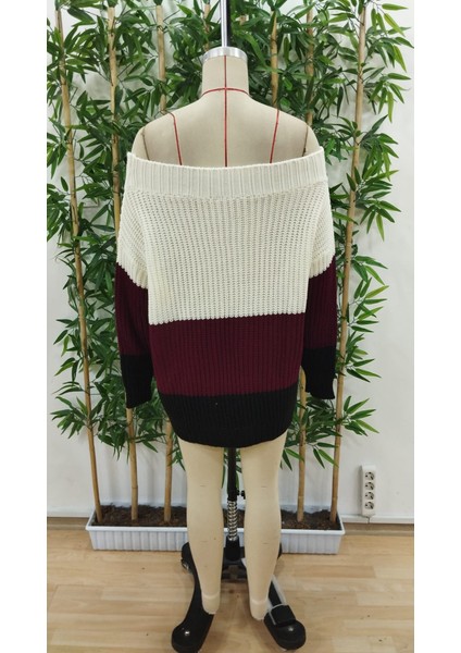 Kadın Uzun Kollu Madonna Yaka Çizgi Desenli Salaş Triko indirimleri