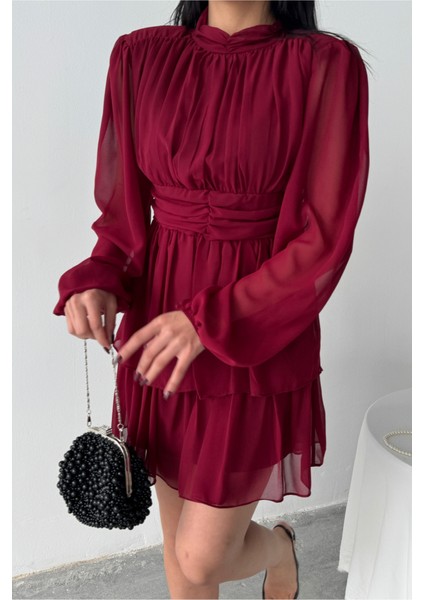 Şifon Katlı Uzun Kol Elbise - Bordo modelleri