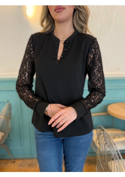Kadın Uzun Kollu Kolları Dantelli Hakim Yaka Krep Bluz fiyatları