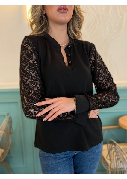Kadın Uzun Kollu Kolları Dantelli Hakim Yaka Krep Bluz fırsatları