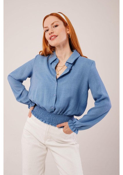 Bel ve Bilek Lastikli Mavi Bluz