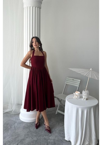 Bordo Boyundan Bağlamalı Keten Elbise modelleri