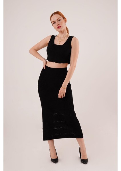 Örme Detaylı Etek ve Bluz Siyah Takım