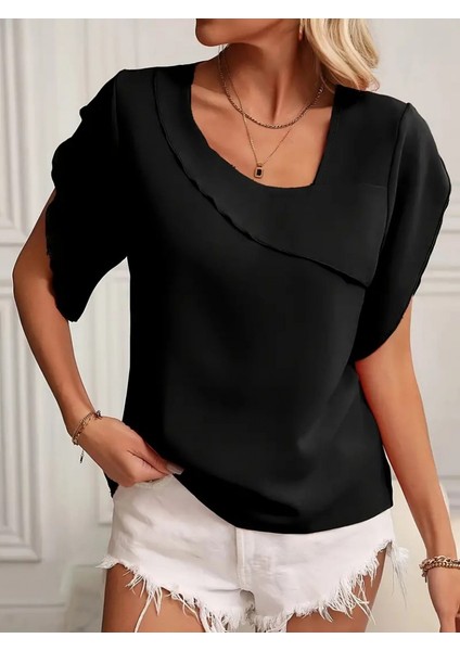 Kadın Kısa Kollu Yaka Ve Kol Detay Jesica Bluz modelleri