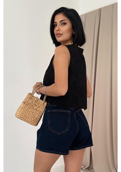 Siyah Sıfır Kol Brode Bluz fırsatları