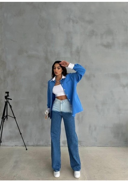 Kol ve Manşet Beyaz Kapalı Pile Detaylı Gömlek - Mavi fiyatları