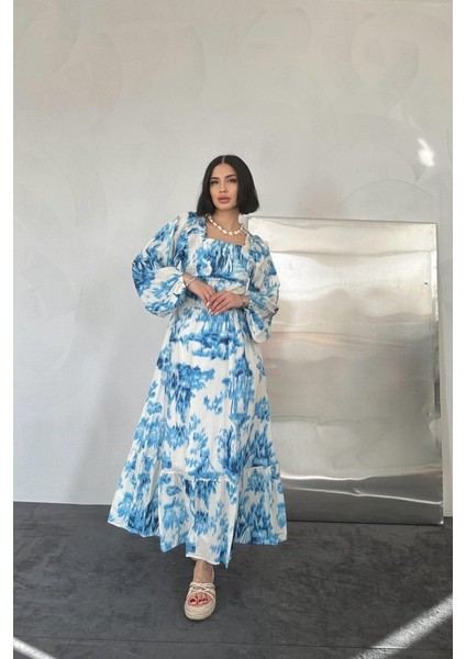 Mavi Arkası Gipeli Uzun Elbise