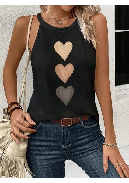 Kadın Omuzlardan Açık Boyundan Askılı Kalp Baskılı Viskon Bluz