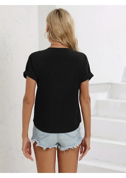 Kadın Kısa Kollu V Yaka Fermuarlı Salaş Sandy Bluz modelleri