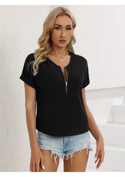 Kadın Kısa Kollu V Yaka Fermuarlı Salaş Sandy Bluz fırsatları