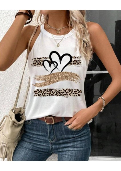 Kadın Sıfır Kol Halter Yaka Kalp Baskılı Viskon Bluz fiyatları