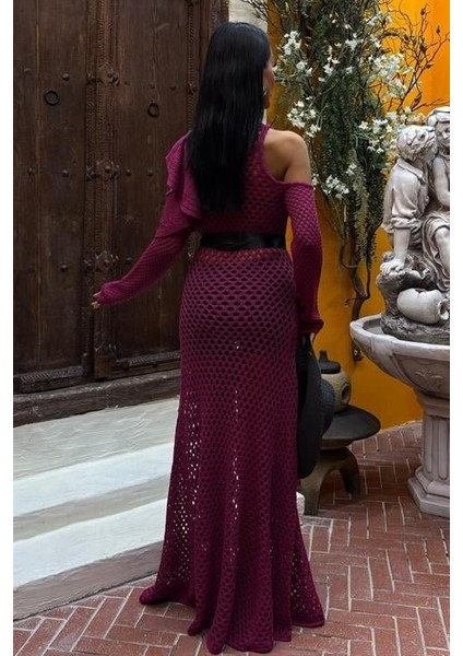 Saten Kuşaklı Ajurlu Triko Elbise 2847 fırsatları