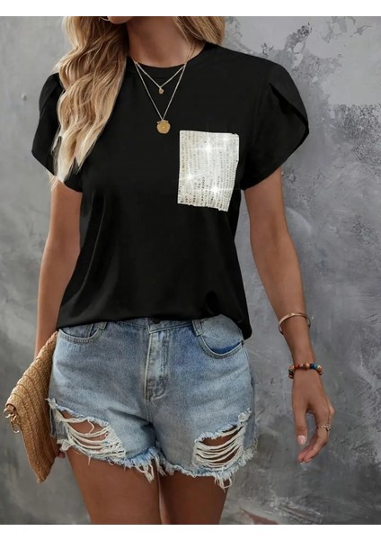 Kadın Kısa Kollu Bisiklet Yaka Cep Pul Payet Detay Viskon Bluz fiyatları