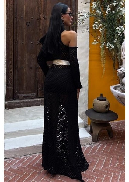 Saten Kuşaklı Ajurlu Triko Elbise 2847 indirimleri