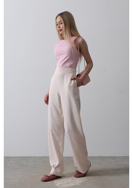 Beli Yarım Lastikli Palazzo Pantolon - Pudra fırsatları