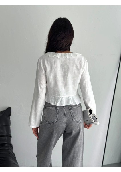 Keten Uzun Kol Bağacık Detaylı Bluz - Beyaz fiyatları