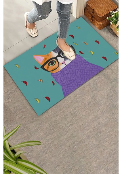 Aristokrat Kedi Yeşil Renkli Welcome Hoş Geldiniz Kapı Önü Paspası 45X70CM