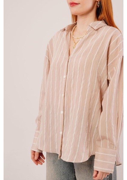 Kol Düğmeli Çizgili Bej Gömlek modelleri