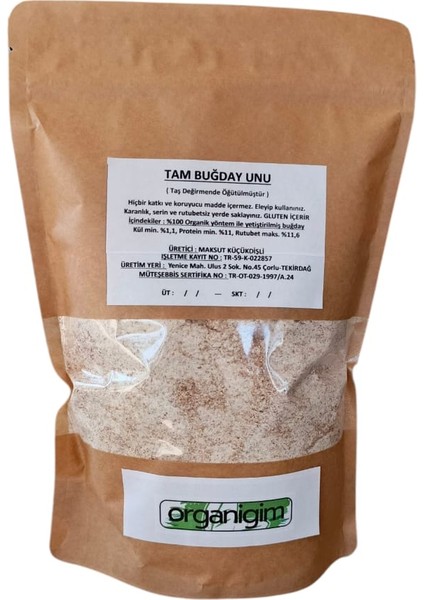 Taş Değirmende Öğütülmüş Organik Sertifikalı Tam Buğday Unu 1 kg